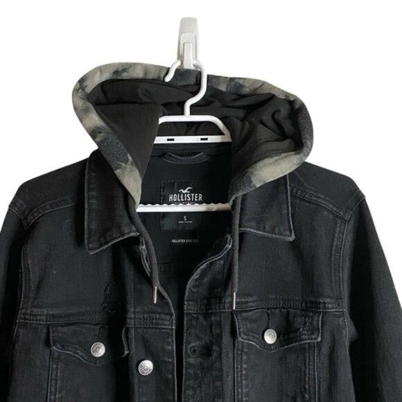 Hollister Men's Black Epic Flex Denim Button Down Hooded Jacket - Picture 2 of 7